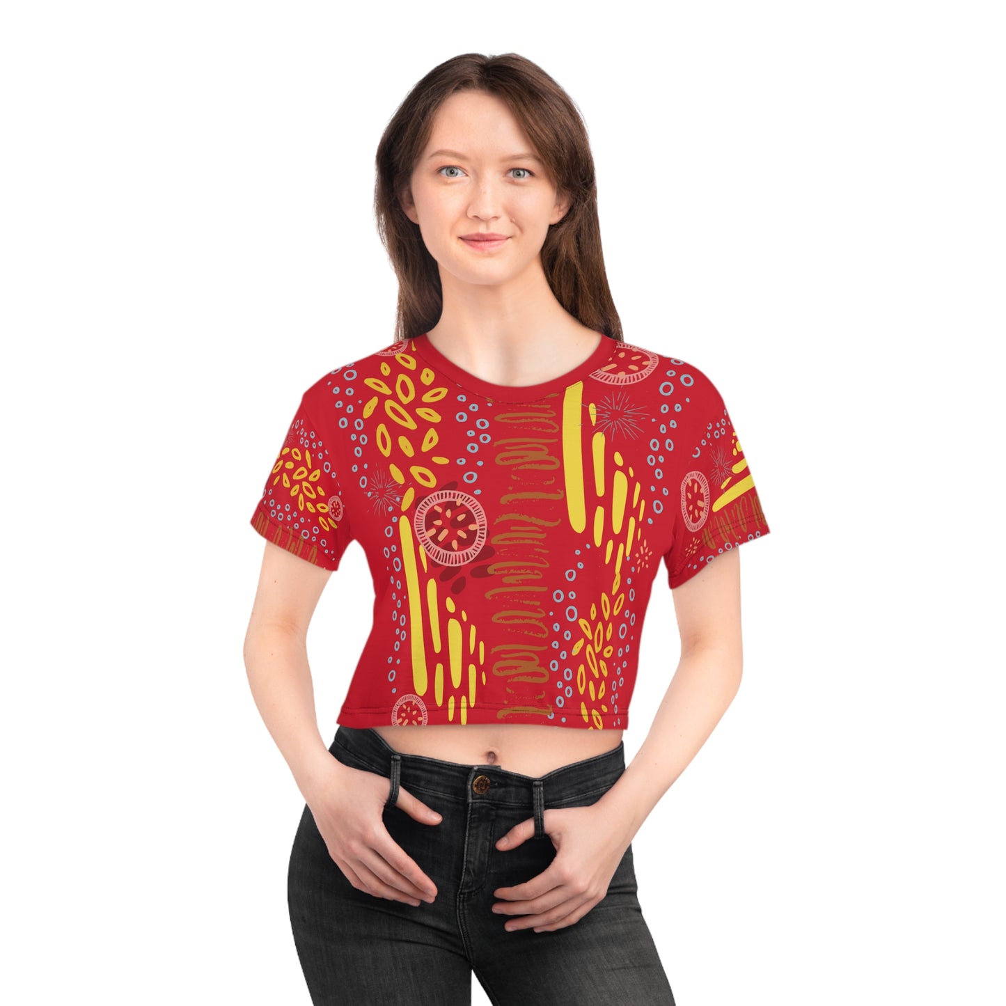 Womens Crop Tee All Over Print Boho Top for Women Red Abstract All-Over Print Women's Crop T-Shirt Artistic Summer Top Colorful Graphic Crop Tee