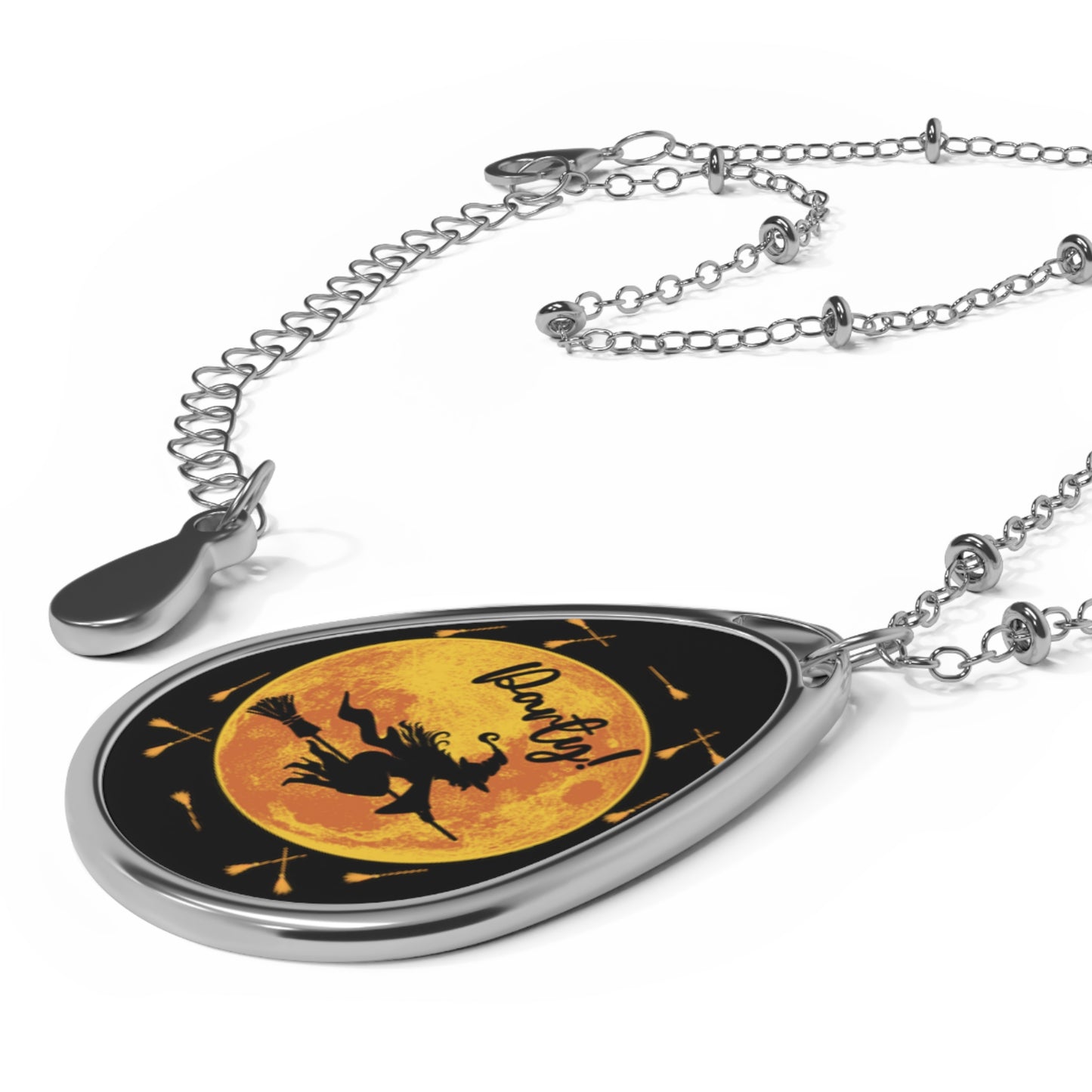 Halloween Witch Broom Necklace Spooky Yellow Moon Haunting Jewelry Chain