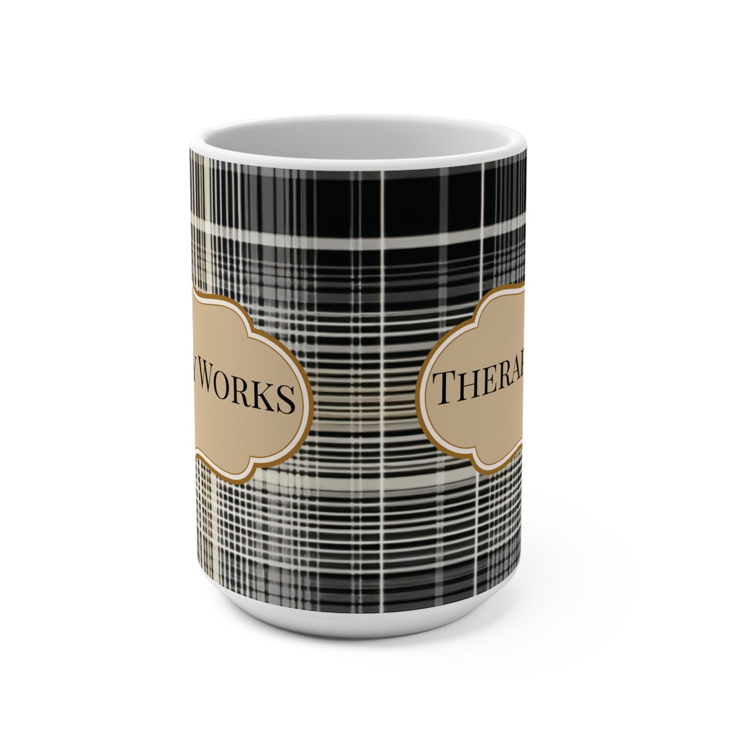 Therapy Works Mug Cozy Plaid Design for Self-Care, Gift for Therapists, Unique Coffee Cup, Relaxation Gift, Healing Design Home Decor