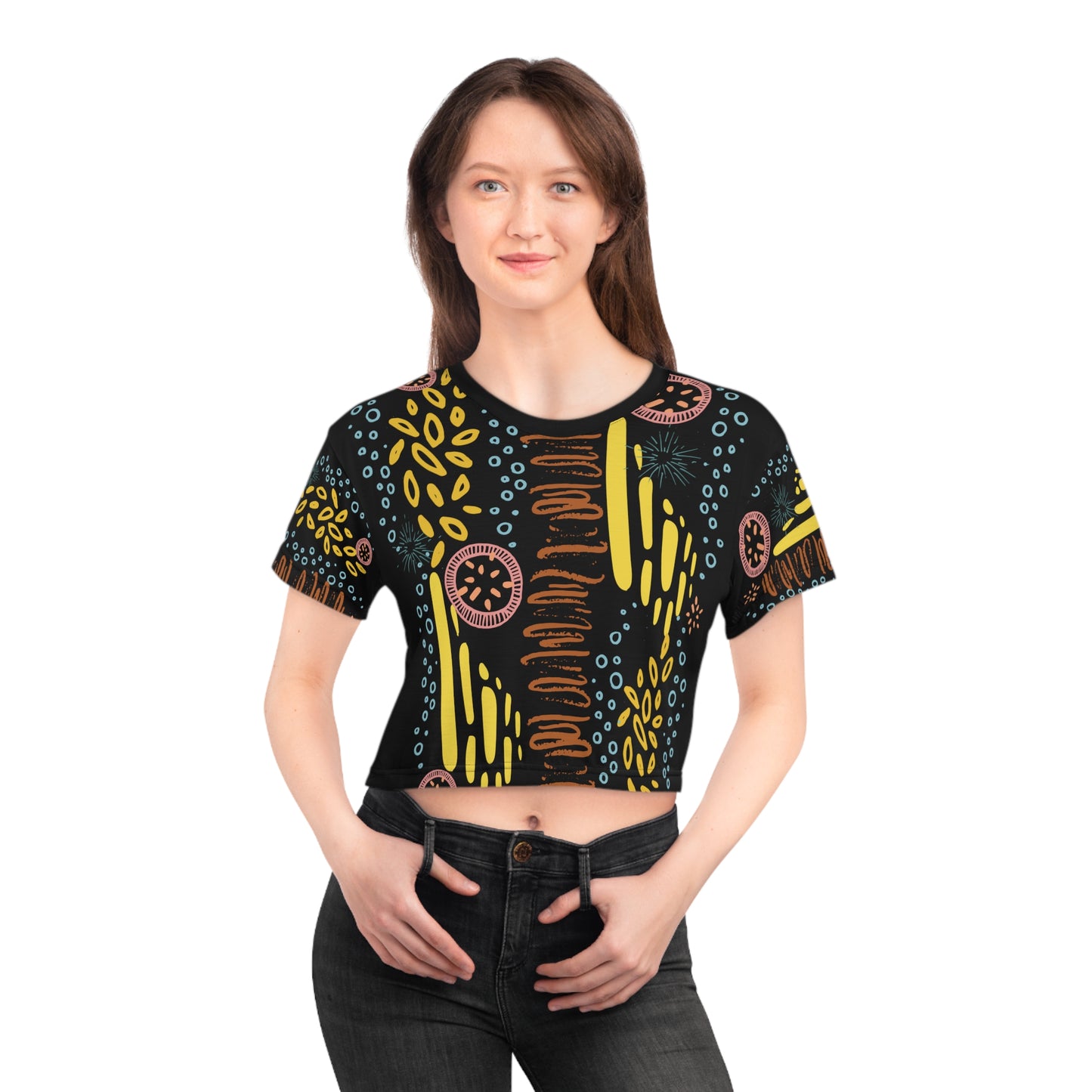 Womens Crop Tee All Over Print Boho Top for Women Black Abstract All-Over Print Women's Crop T-Shirt Artistic Summer Top Colorful Graphic Crop Tee
