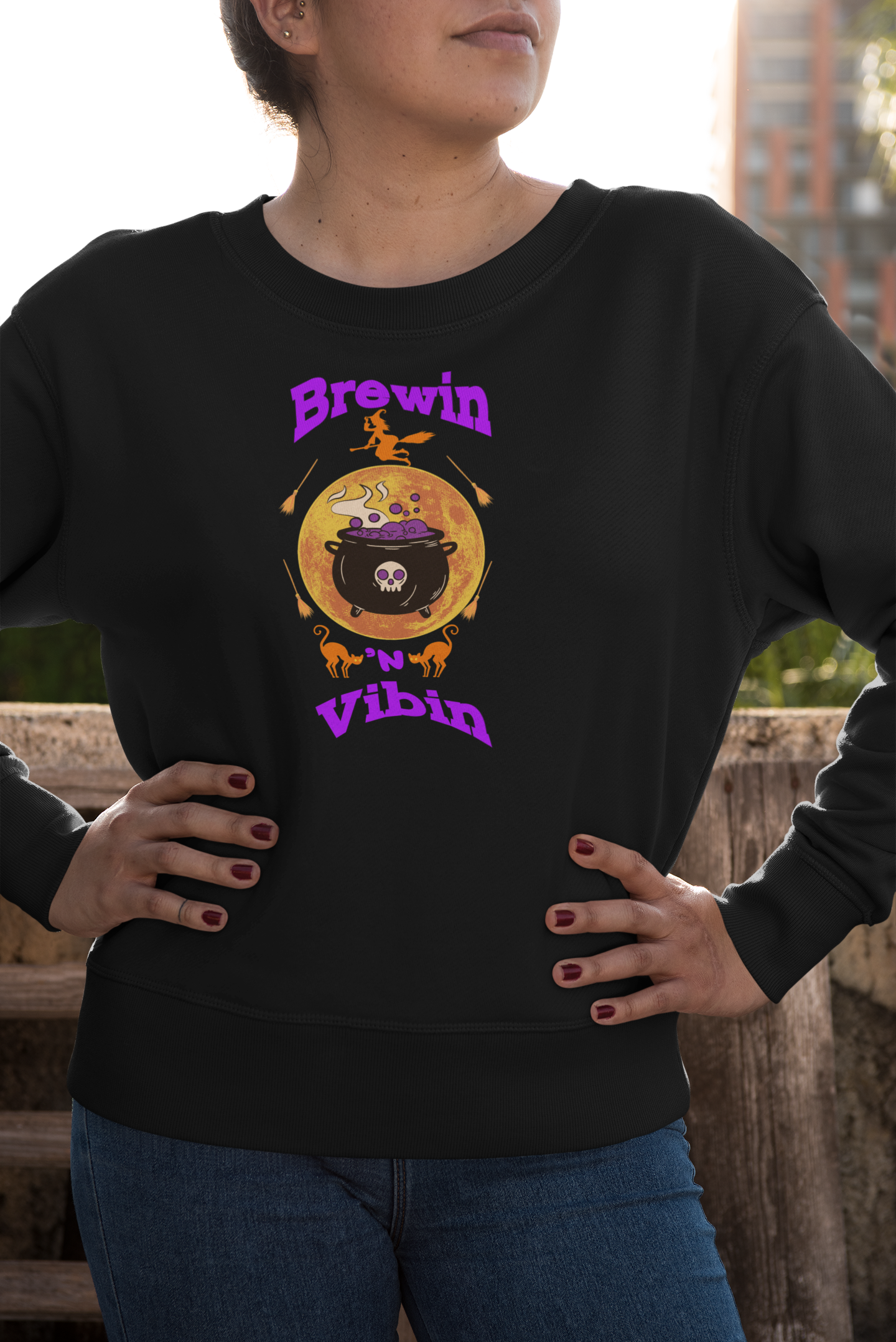 Halloween GenZ Humor Sweatshirt Funny Millennial Witch and Cauldron Crewneck Spooky Paranormal Sweater Trendy Brewin and Vibin Fall Fashion