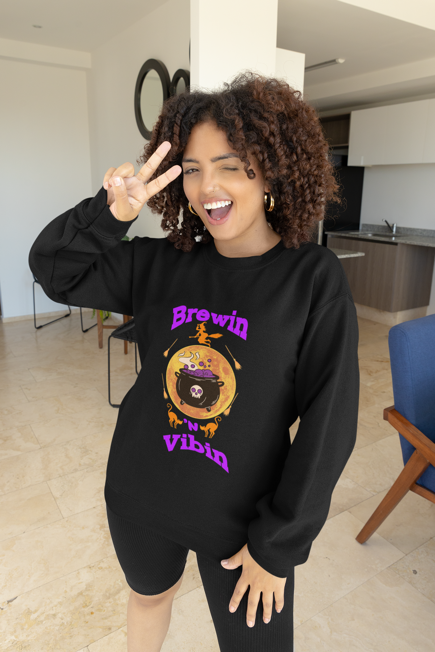 Halloween GenZ Humor Sweatshirt Funny Millennial Witch and Cauldron Crewneck Spooky Paranormal Sweater Trendy Brewin and Vibin Fall Fashion