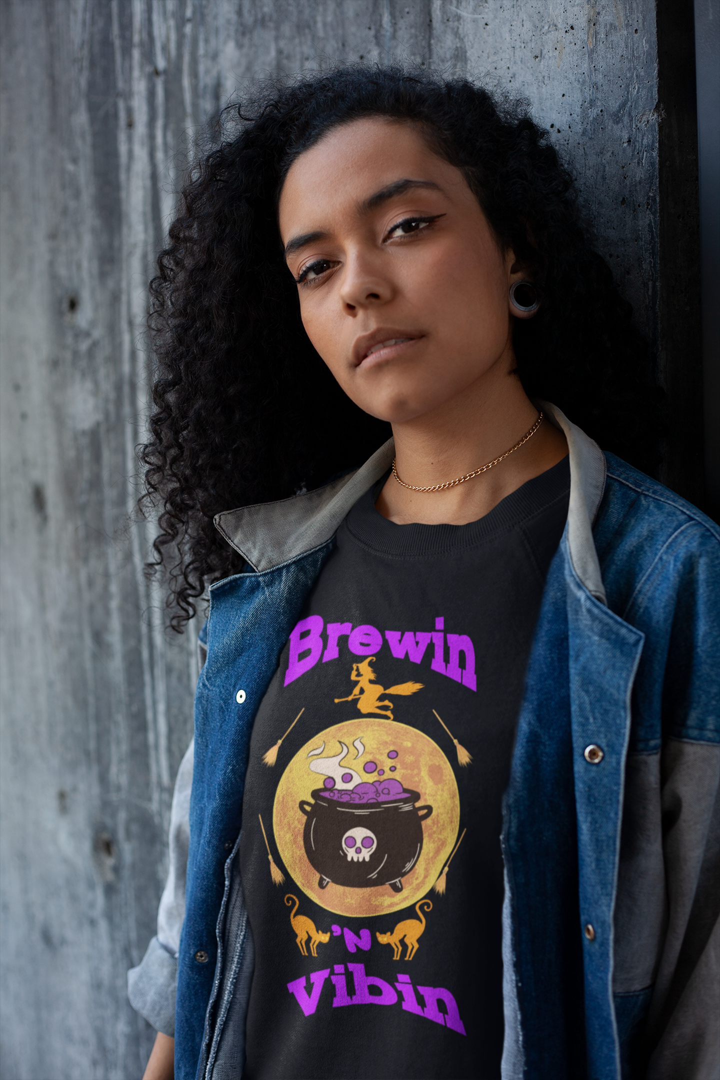 Halloween GenZ Humor Sweatshirt Funny Millennial Witch and Cauldron Crewneck Spooky Paranormal Sweater Trendy Brewin and Vibin Fall Fashion