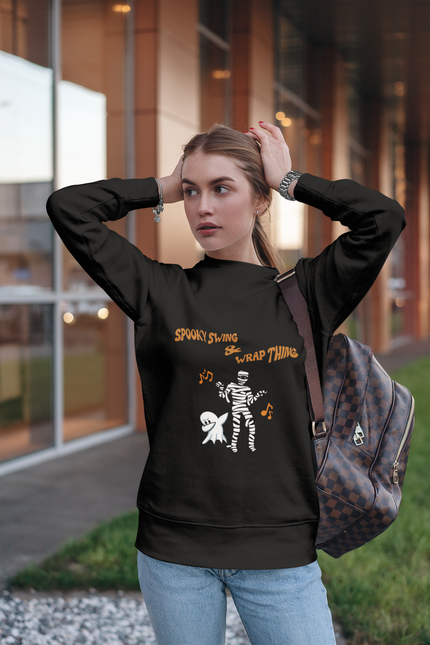 Sassy Halloween Swaeatshirt Fashion Statement Sweater Contemporary Dance Skeleton and Ghost Dance Spooky Thing Unique GenZ Millennial Fashion