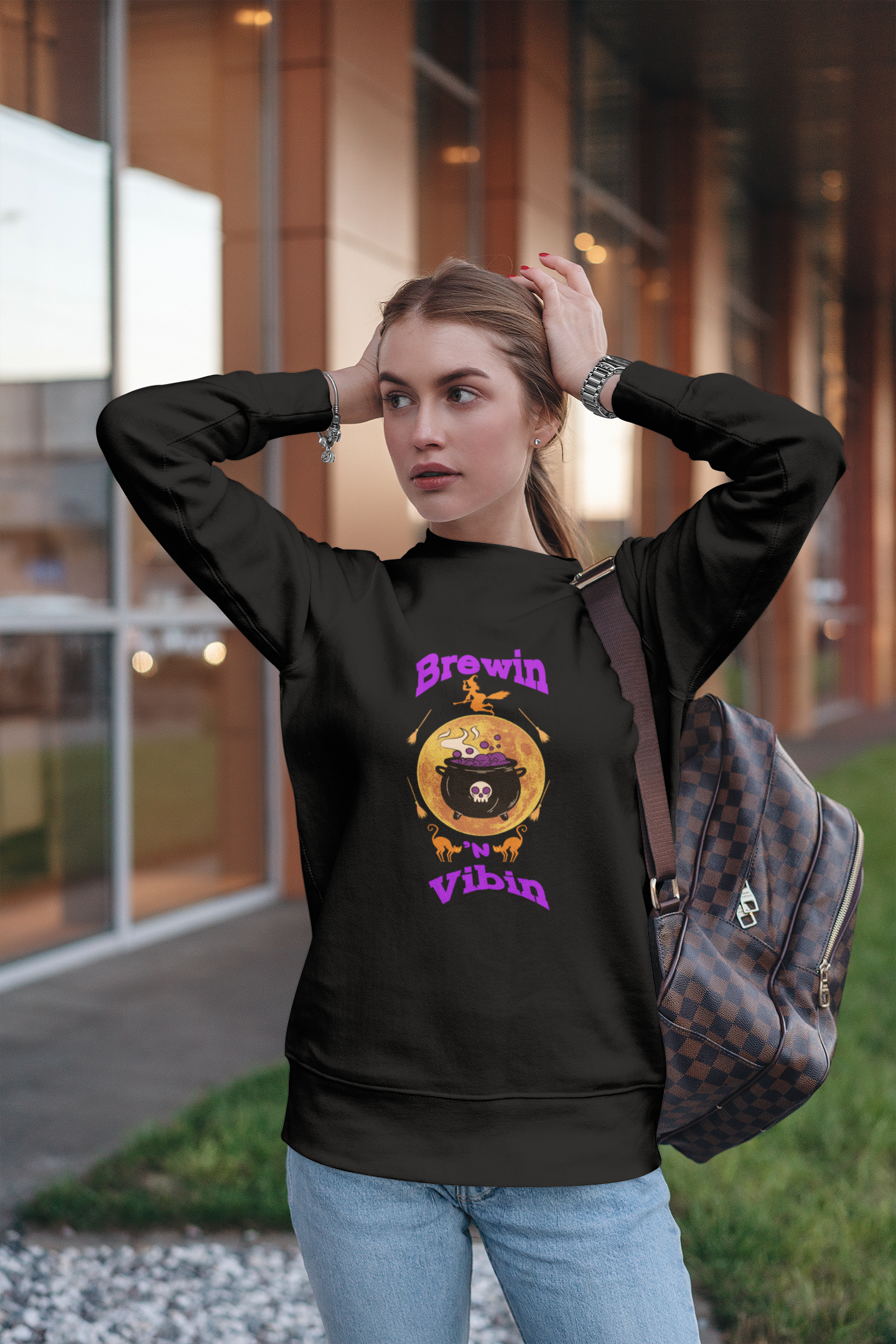 Halloween GenZ Humor Sweatshirt Funny Millennial Witch and Cauldron Crewneck Spooky Paranormal Sweater Trendy Brewin and Vibin Fall Fashion