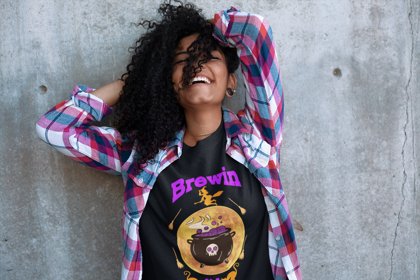 Halloween GenZ Humor Sweatshirt Funny Millennial Witch and Cauldron Crewneck Spooky Paranormal Sweater Trendy Brewin and Vibin Fall Fashion