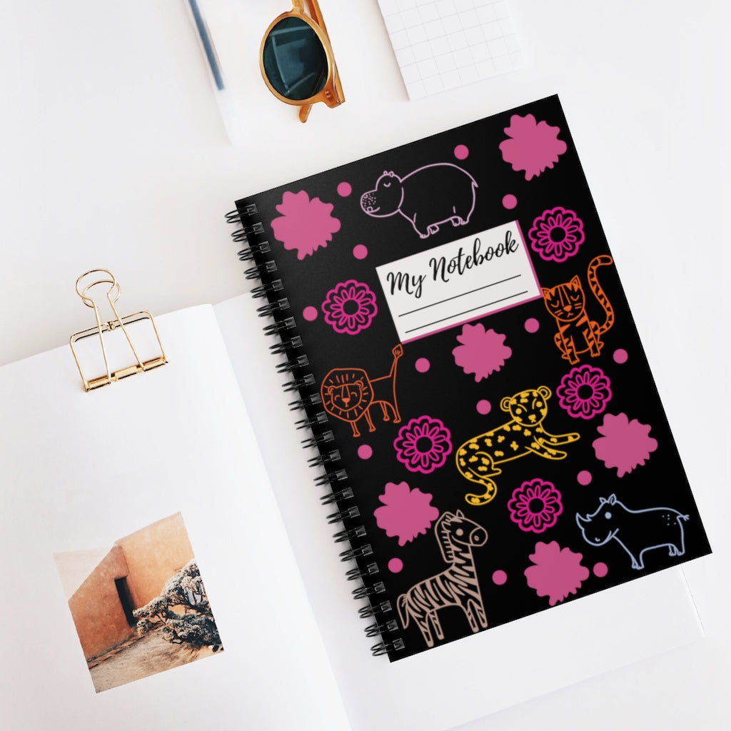 Jungle Animals Spiral Notebook - Black