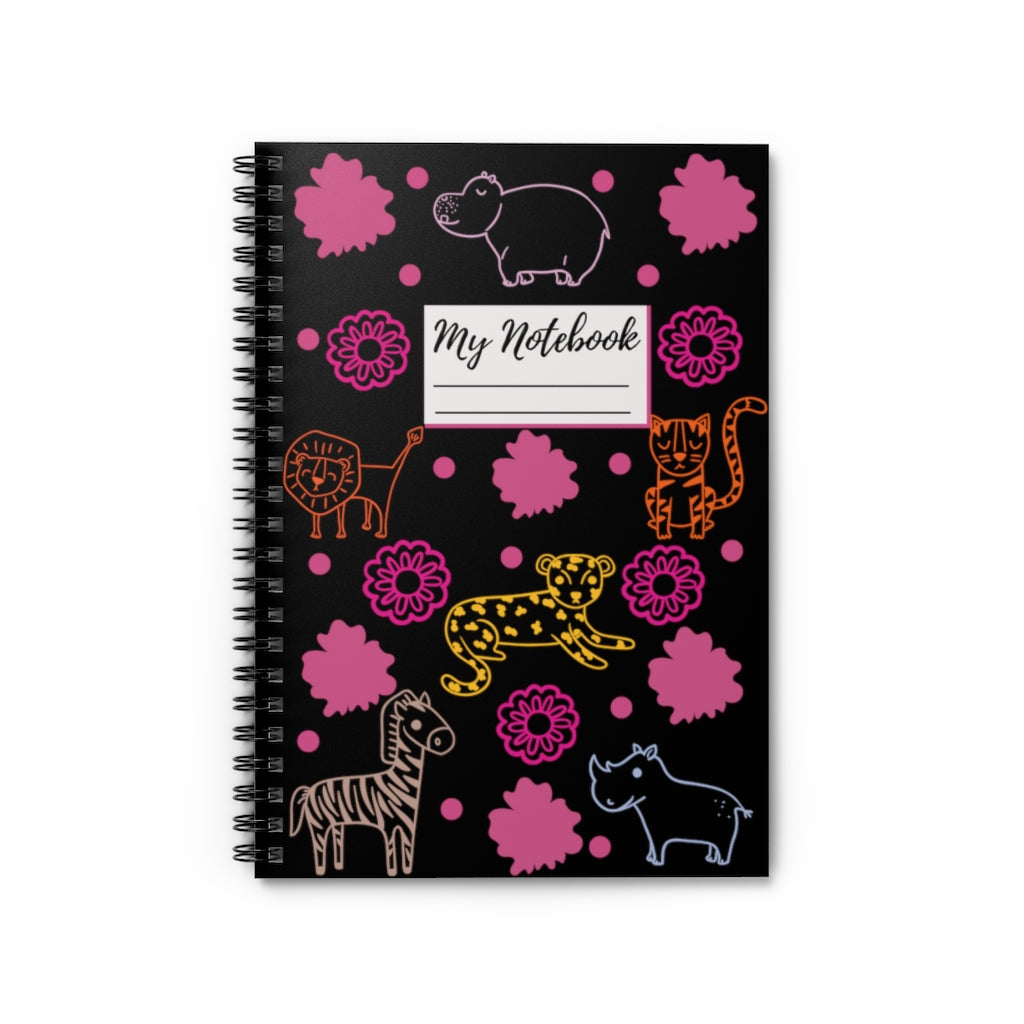 Jungle Animals Spiral Notebook - Black