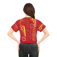 Womens Crop Tee All Over Print Boho Top for Women Red Abstract All-Over Print Women's Crop T-Shirt Artistic Summer Top Colorful Graphic Crop Tee
