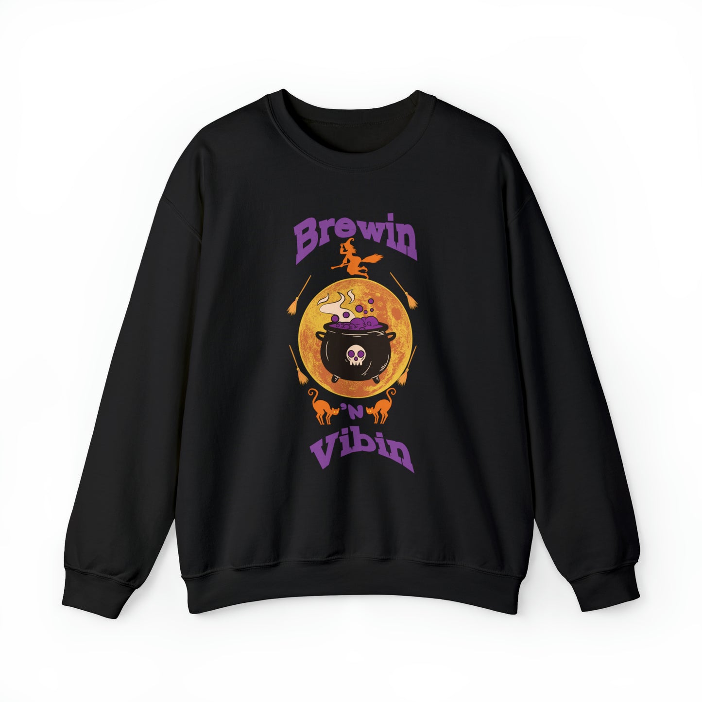 Halloween GenZ Humor Sweatshirt Funny Millennial Witch and Cauldron Crewneck Spooky Paranormal  Sweater Trendy Brewin and Vibin Fall Fashion