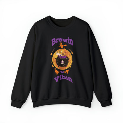 Halloween GenZ Humor Sweatshirt Funny Millennial Witch and Cauldron Crewneck Spooky Paranormal  Sweater Trendy Brewin and Vibin Fall Fashion