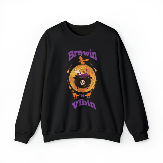 Halloween GenZ Humor Sweatshirt Funny Millennial Witch and Cauldron Crewneck Spooky Paranormal  Sweater Trendy Brewin and Vibin Fall Fashion