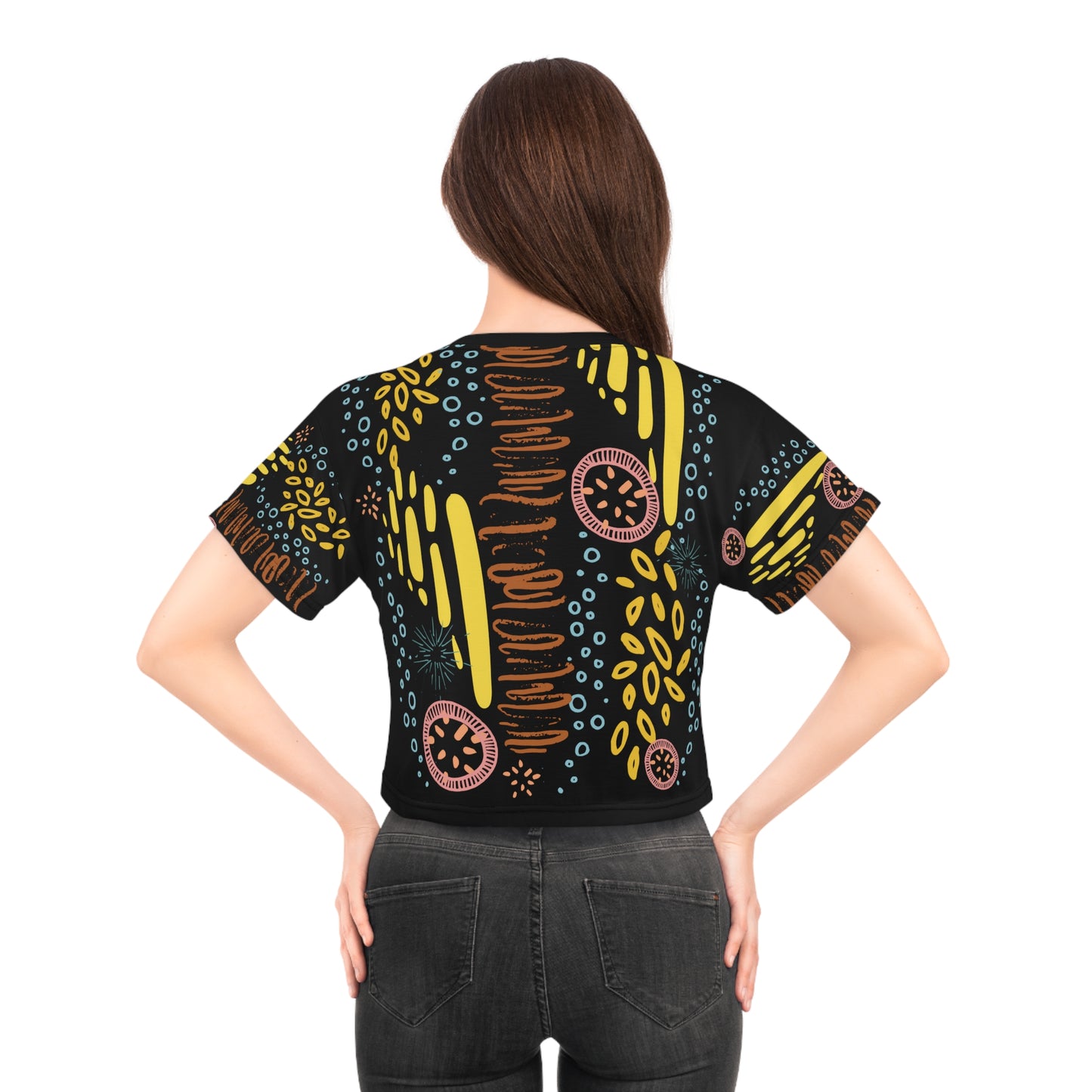 Womens Crop Tee All Over Print Boho Top for Women Black Abstract All-Over Print Women's Crop T-Shirt Artistic Summer Top Colorful Graphic Crop Tee
