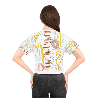 Womens Crop Tee All Over Print Boho Top for Women White Abstract All-Over Print Women's Crop T-Shirt Artistic Summer Top Colorful Graphic Crop Tee