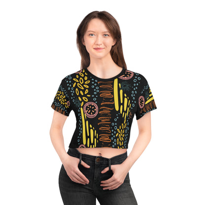 Womens Crop Tee All Over Print Boho Top for Women Black Abstract All-Over Print Women's Crop T-Shirt Artistic Summer Top Colorful Graphic Crop Tee