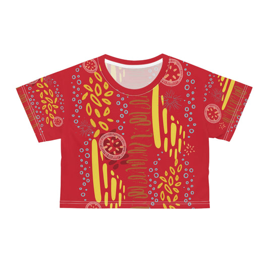 Womens Crop Tee All Over Print Boho Top for Women Red Abstract All-Over Print Women's Crop T-Shirt Artistic Summer Top Colorful Graphic Crop Tee