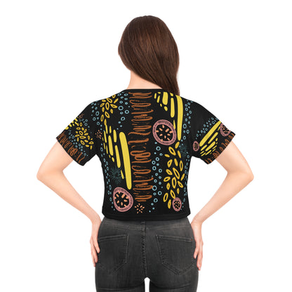 Womens Crop Tee All Over Print Boho Top for Women Black Abstract All-Over Print Women's Crop T-Shirt Artistic Summer Top Colorful Graphic Crop Tee