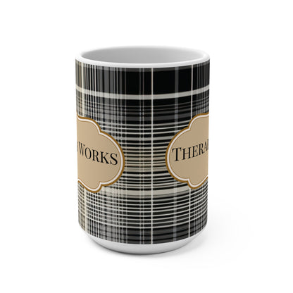 Therapy Works Mug Cozy Plaid Design for Self-Care, Gift for Therapists, Unique Coffee Cup, Relaxation Gift, Healing Design Home Decor