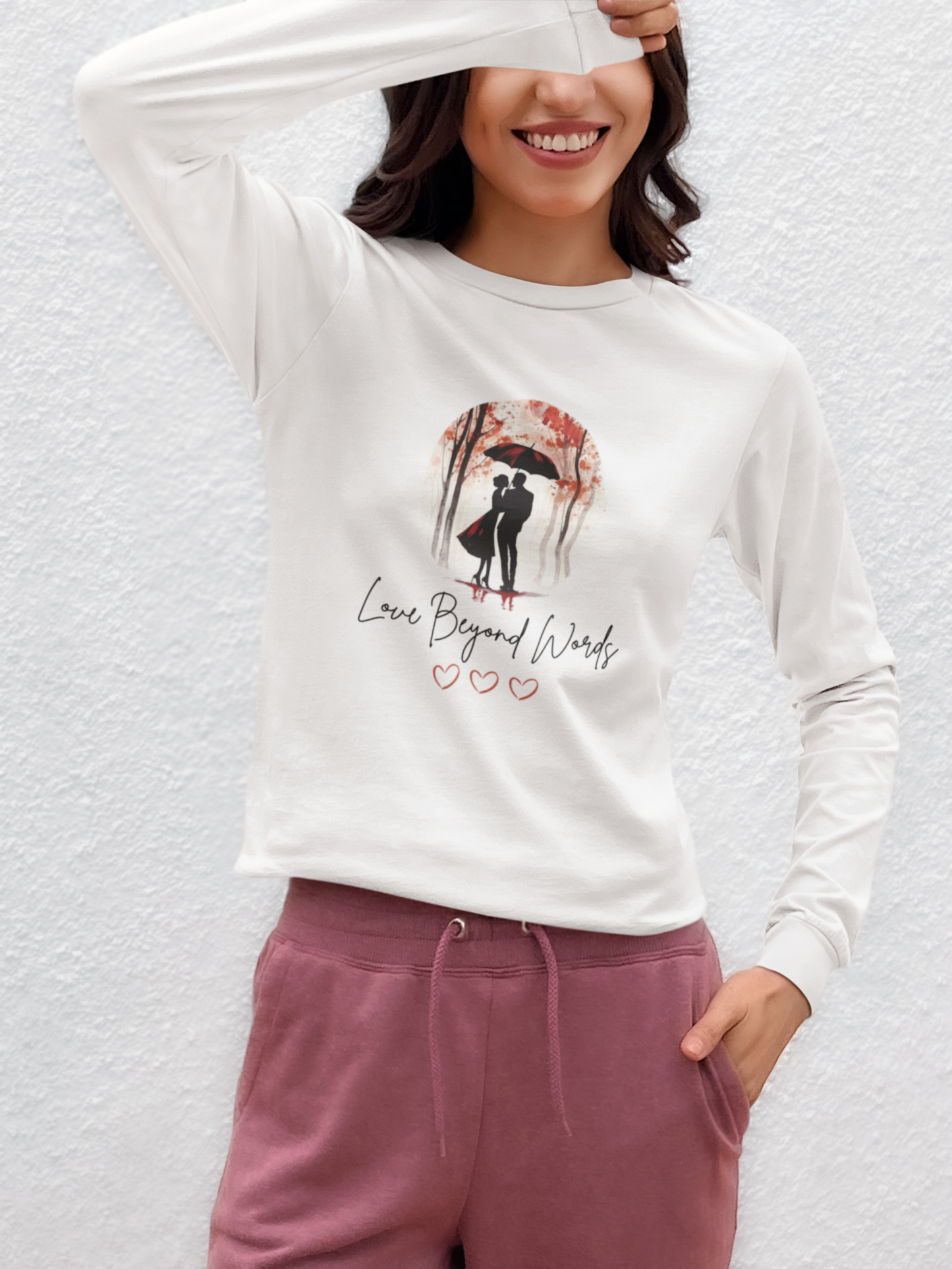 Classic Romantic Valentine's T Shirt Gift For Him Long-Sleeve Romantic White Tee Perfect Elegant Gift for Her Everyday Unisex Love Beyond Words Shirt