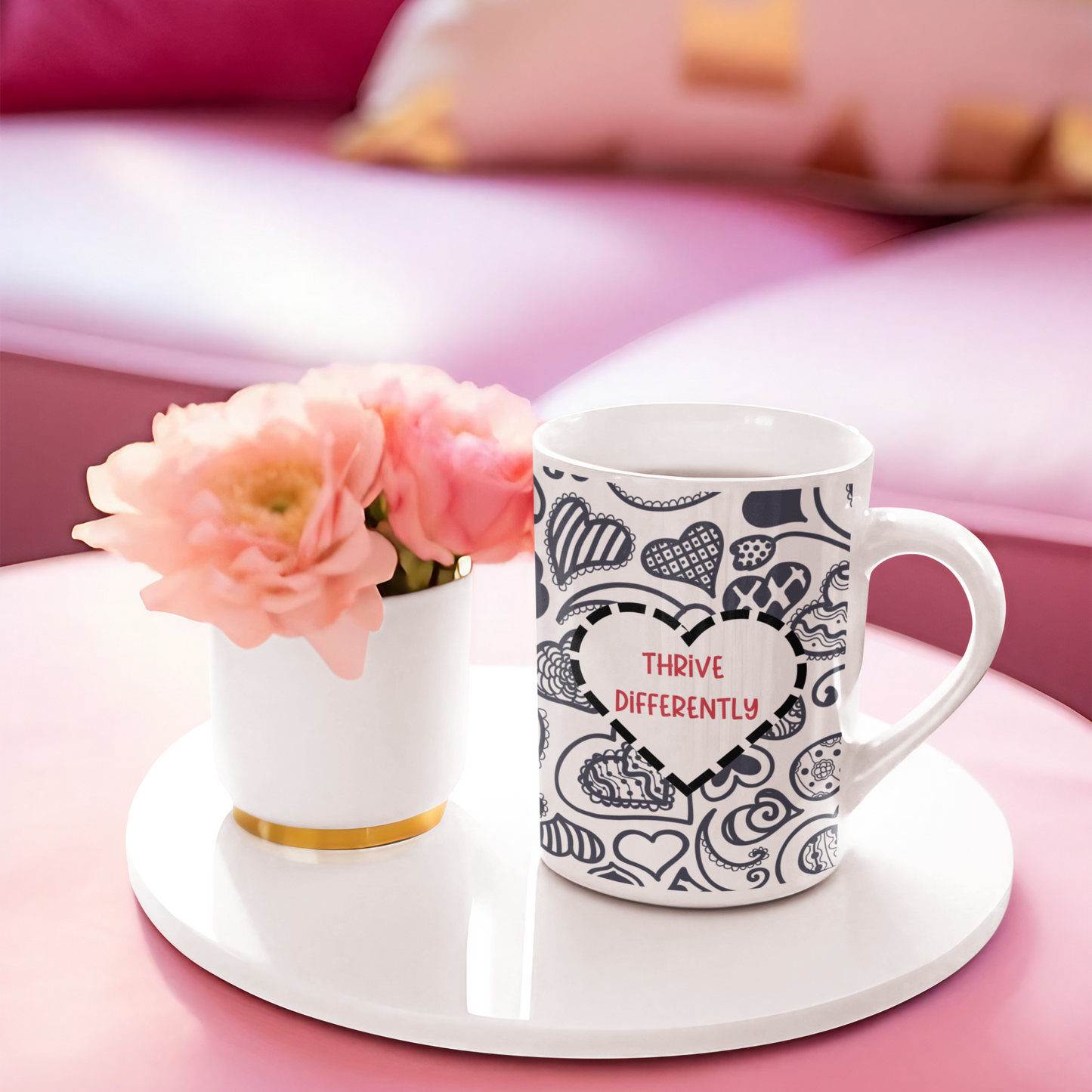 Inspirational Mug For Neurodiverse People Love Uniquely Thrive Differently Inclusion Awareness All-Over Print Gift Mug  For Valentine's Day