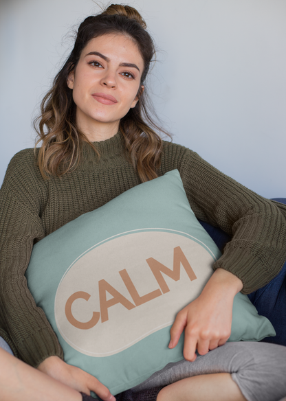 Calm Throw Pillow  Soft Teal and Cream Accent Cushion Modern Minimal Word Pillow Therapy Room or Home Decor Calming Accent Cushion