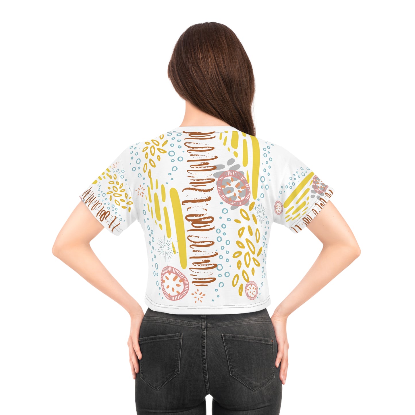 Womens Crop Tee All Over Print Boho Top for Women White Abstract All-Over Print Women's Crop T-Shirt Artistic Summer Top Colorful Graphic Crop Tee
