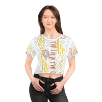 Womens Crop Tee All Over Print Boho Top for Women White Abstract All-Over Print Women's Crop T-Shirt Artistic Summer Top Colorful Graphic Crop Tee