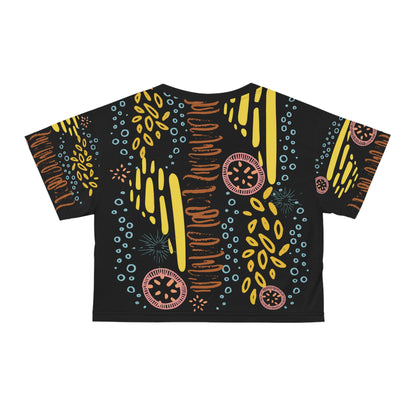 Womens Crop Tee All Over Print Boho Top for Women Black Abstract All-Over Print Women's Crop T-Shirt Artistic Summer Top Colorful Graphic Crop Tee