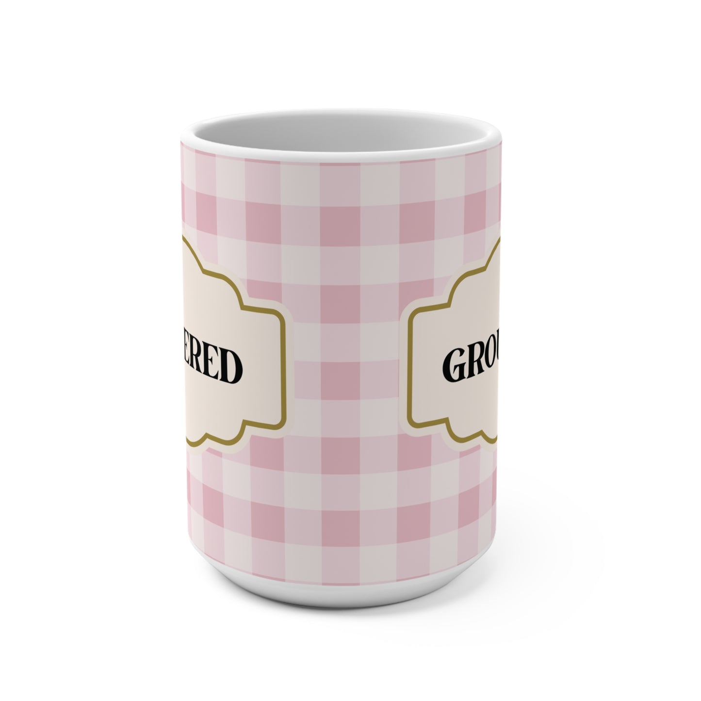 Grounded and Centered Therapist Pink Plaid Mug Gift Self-Care Healing Wellness Coffee Cup Healing Design Comfort Drinkware