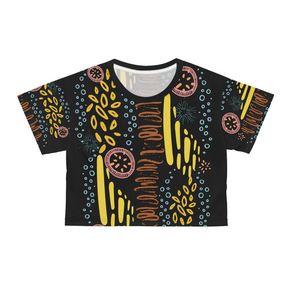 Womens Crop Tee All Over Print Boho Top for Women Black Abstract All-Over Print Women's Crop T-Shirt Artistic Summer Top Colorful Graphic Crop Tee