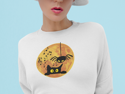 Funny Halloween Sweatshirt Cute Cat and Spider Crewneck Cat Lovers Gift Fall Fashion Humorous Design for Cat and Music Lovers Funny Spider Shirt