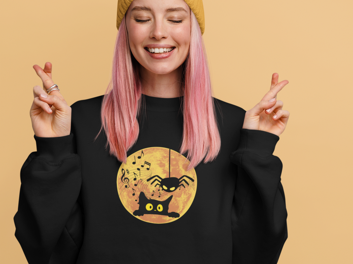 Funny Halloween Sweatshirt Cute Cat and Spider Crewneck Cat Lovers Gift Fall Fashion Humorous Design for Cat and Music Lovers Funny Spider Shirt