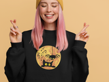 Funny Halloween Sweatshirt Cute Cat and Spider Crewneck Cat Lovers Gift Fall Fashion Humorous Design for Cat and Music Lovers Funny Spider Shirt