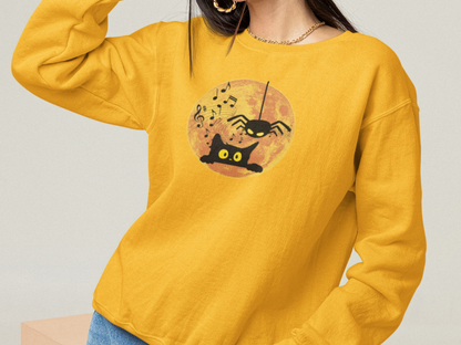 Funny Halloween Sweatshirt Cute Cat and Spider Crewneck Cat Lovers Gift Fall Fashion Humorous Design for Cat and Music Lovers Funny Spider Shirt