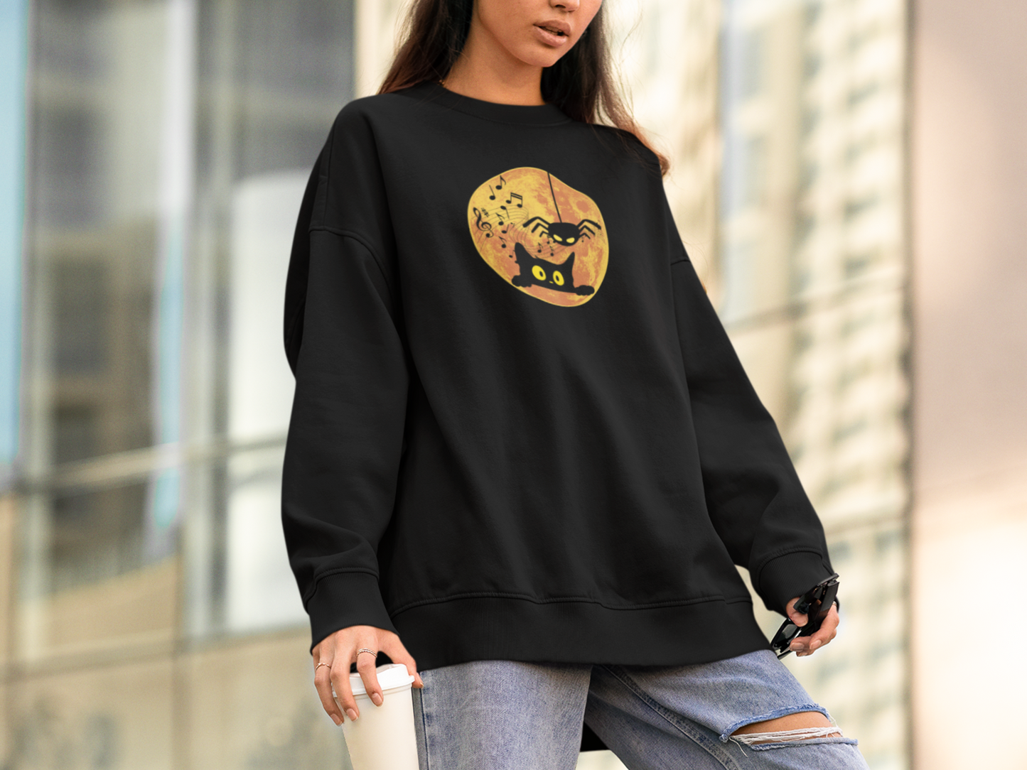 Funny Halloween Sweatshirt Cute Cat and Spider Crewneck Cat Lovers Gift Fall Fashion Humorous Design for Cat and Music Lovers Funny Spider Shirt