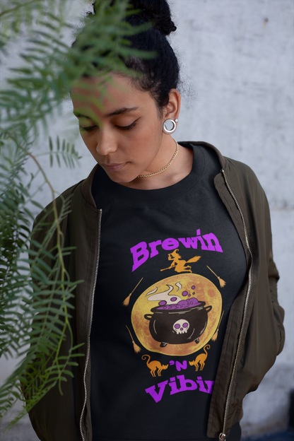 Halloween GenZ Humor Sweatshirt Funny Millennial Witch and Cauldron Crewneck Spooky Paranormal  Sweater Trendy Brewin and Vibin Fall Fashion