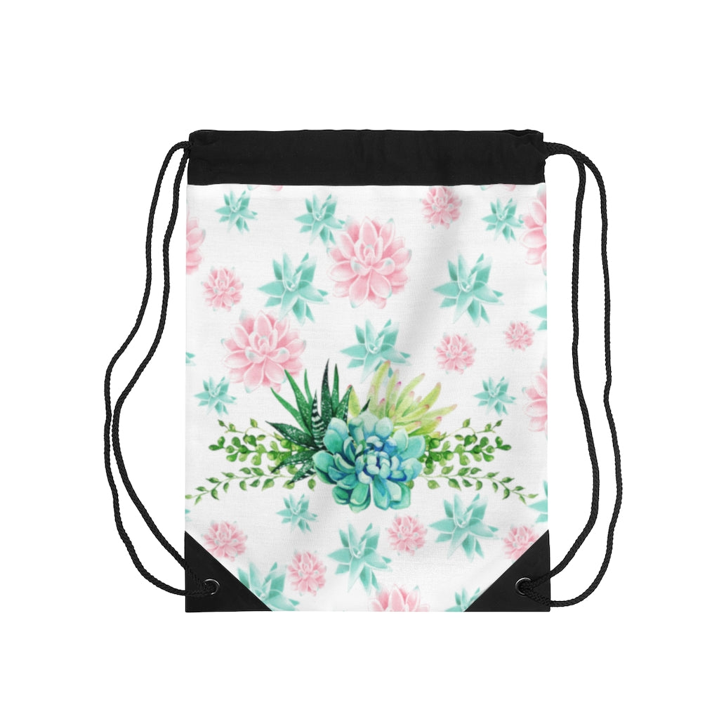 Pink and Green Succulents Drawstring Bag