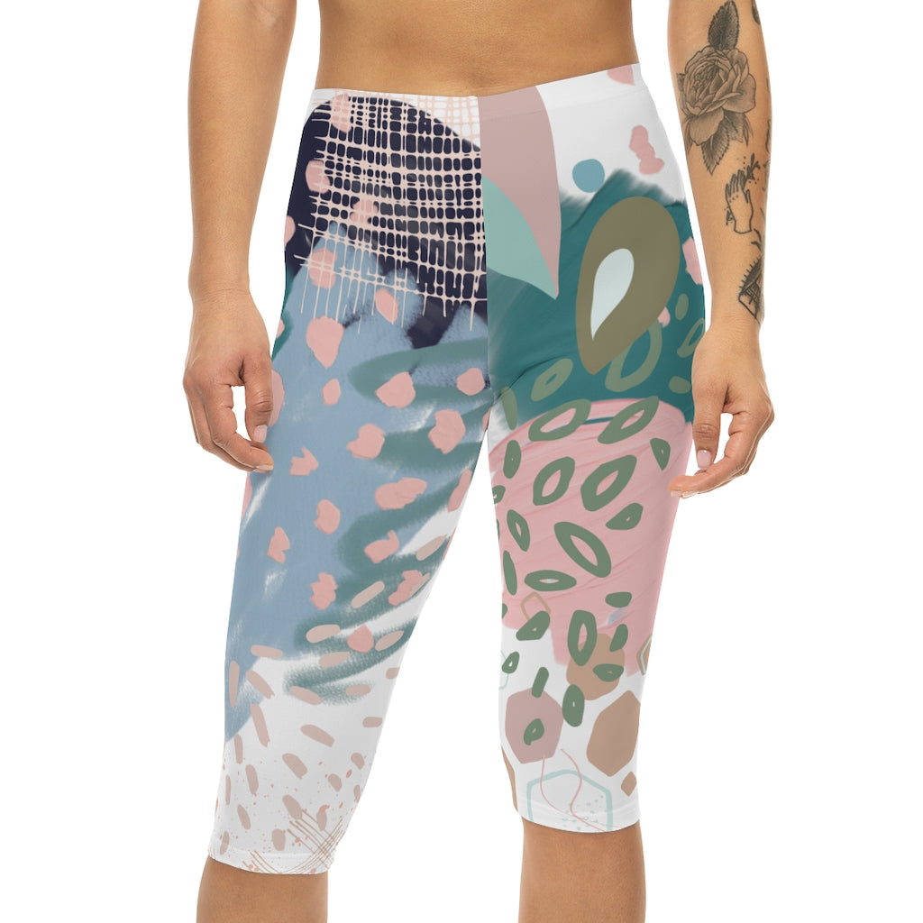 Abstract in Pink and Green Women’s Capri Leggings