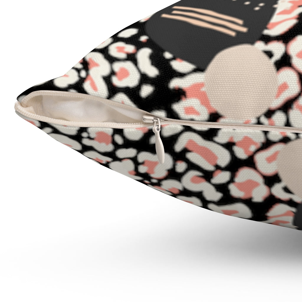 Peach Flower Abstract Square Pillow - Black
