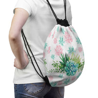 Pink and Green Succulents Drawstring Bag