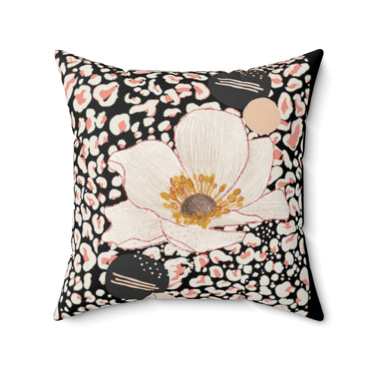 Peach Flower Abstract Square Pillow - Black