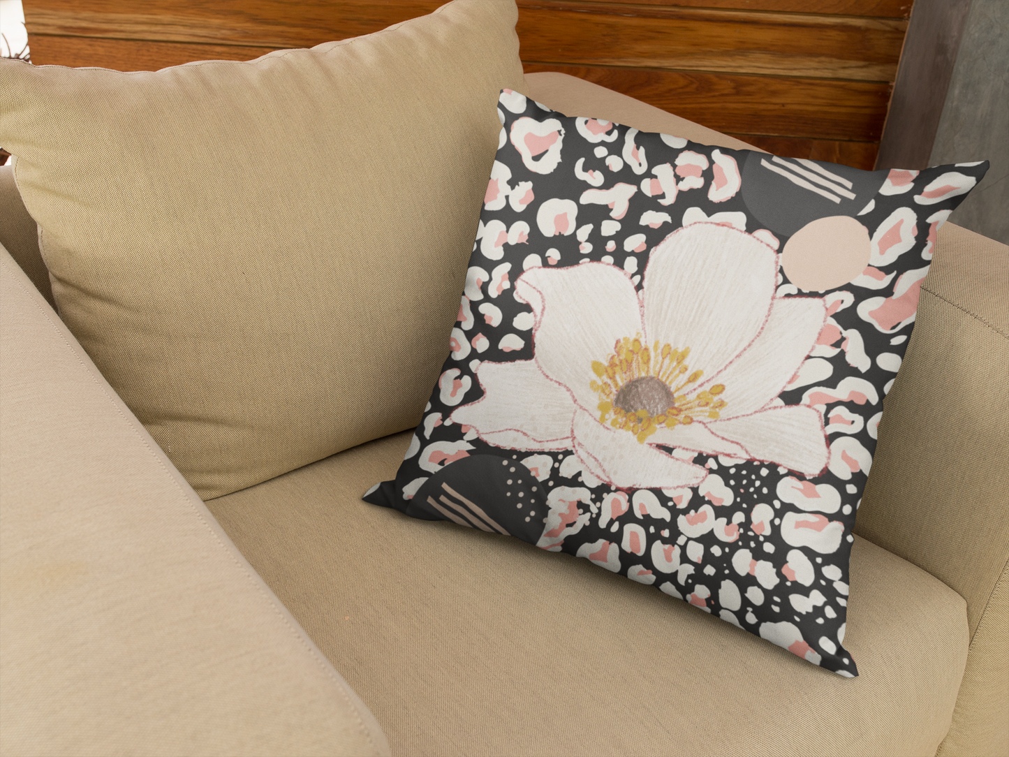 Peach Flower Abstract Square Pillow - Black