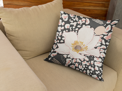Peach Flower Abstract Square Pillow - Black