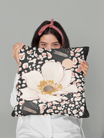 Peach Flower Abstract Square Pillow - Black