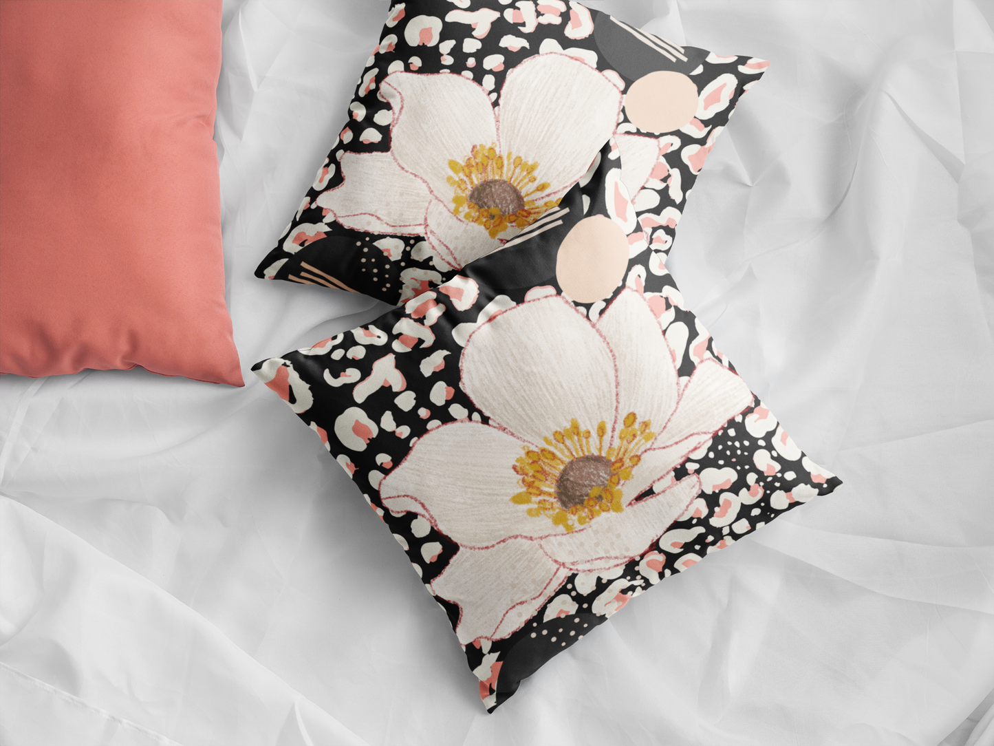 Peach Flower Abstract Square Pillow - Black